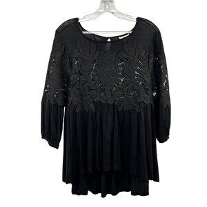 Deletta Womens Sheer Crochet Blouse 3/4 Sleeve Hi Low Hem Black Size Small